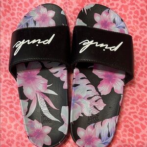 PINK Victoria's Secret Black and Pink Floral Slides